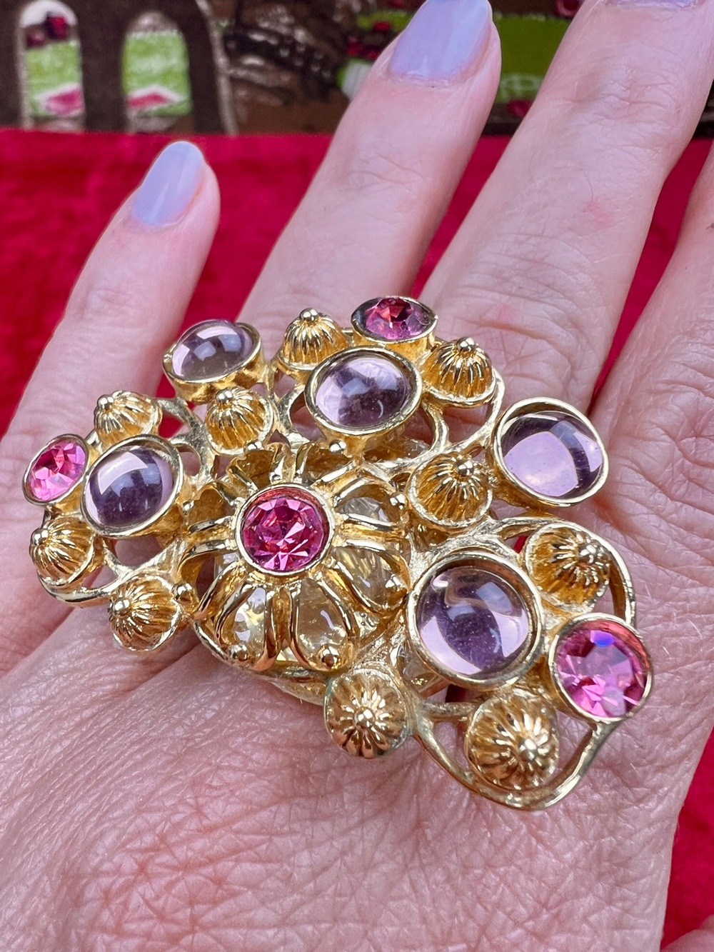 Jose Barrera for Avon Vintage Remix Ring, Gold w/ Purple & Pink Crystals, SIGNED